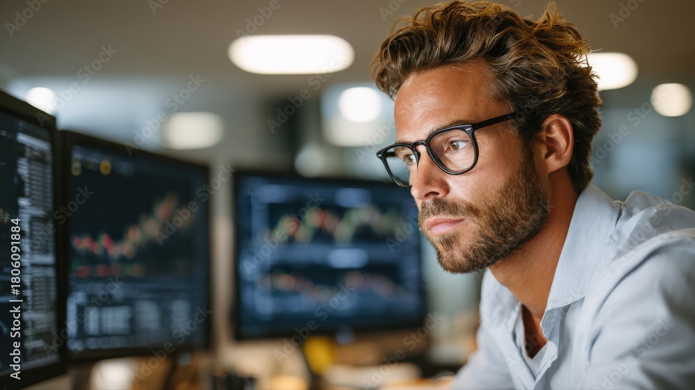 Fototapeta premium A financial analyst intently studying economic indicators on multiple computer screens, representing market research