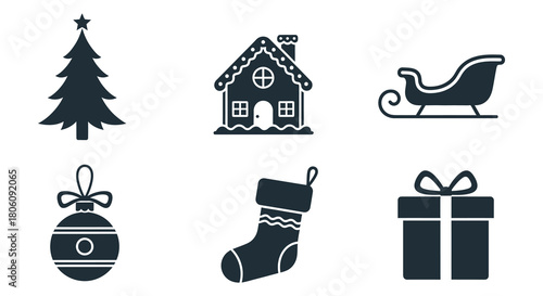 Collection of six classic christmas icons in silhouette including a tree house sleigh ornament stocking and gift box