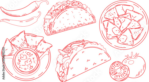 Artistic Line Drawing of Tacos, Nachos with Salsa, Peppers, and Tomatoes Illustration