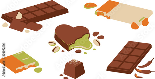 Assorted Chocolates with Nuts, Pistachio, Chilli, and Other Fillings on White Background