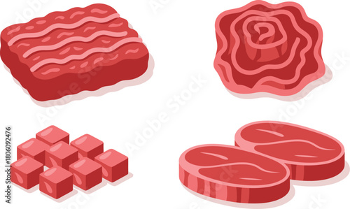Assorted Fresh Meat Cuts Illustration Ground Beef, Cubed Beef, Beef Rosette, Steaks Variety
