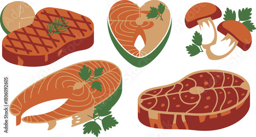 Assortment of Cartoon Food Illustrations Steak, Salmon, Mushrooms, and Citrus Slice Composition