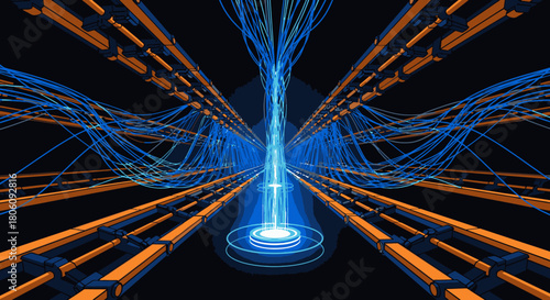 An intricate abstract visualization of high-speed data transmission and complex network infrastructure, featuring luminous blue lines converging in a digital space.