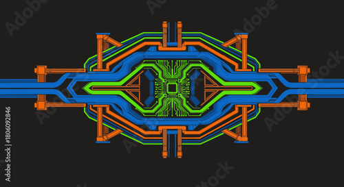An intricate abstract digital design featuring interconnected lines and shapes in vibrant blue, orange, and green, symbolizing advanced technology and data flow.