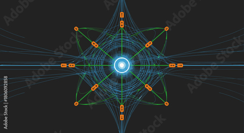 An intricate digital network design with a luminous blue core radiates complex data streams, symbolizing advanced technological connections and futuristic energy flow.