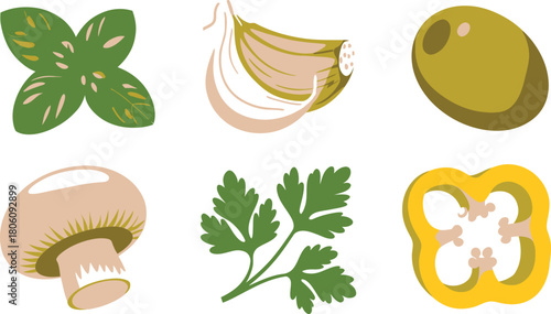 Basil, Garlic, Olive, Mushroom, Parsley, and Yellow Bell Pepper Slice