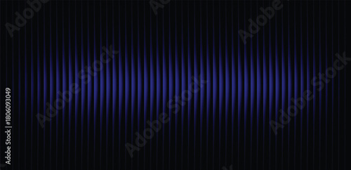 Blue striped ribbed vertical glass background. Abstract vertical glow pattern with symmetrical gradient on black background. Vector illustration