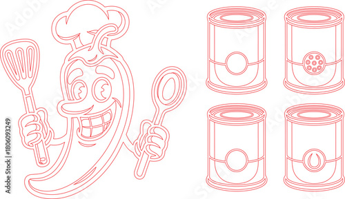 Cartoon Chili Pepper Chef with Spatula, Spoon and Four Canned Food Outline Illustration