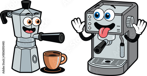 Cartoon Espresso Machine and Moka Pot Characters with Coffee Cup Illustration, Isolated on White