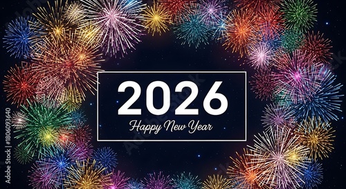 Vibrant and colorful fireworks explode in a dazzling display surrounding a central sign wishing a happy new year 2026 celebrating the upcoming year with festive light and joy