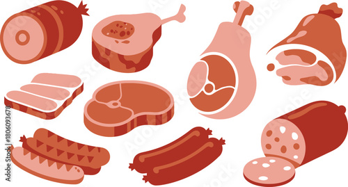 Cartoon Illustration of Various Meats Ham, Steak, Sausages, Ribs, and BoneIn Cutlet on White
