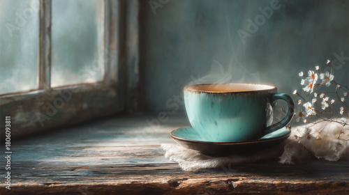 Serene morning scene with a steaming cup of coffee on a rustic wooden table near a window, evoking peace and tranquility, perfect for relaxation and contemplation, capturing the essence of peace