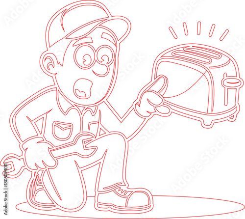 Cartoon Plumber Kneeling with Wrench, Pointing at Malfunctioning Toaster Outline in Red Color