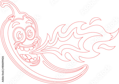 Cartoon Red Outline of Fiery Chili Pepper with Googly Eyes and Big Grin