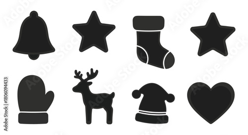 Collection of black christmas icons including bell star stocking mitten reindeer hat and heart