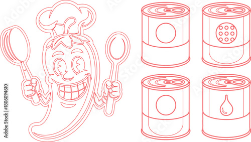 Cartoon Red Pepper Chef with Spoons and Variety of Canned Goods Line Art