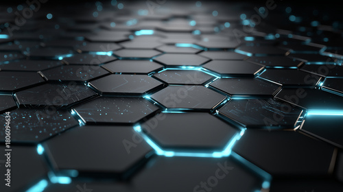 Futuristic glowing dark hexagon floor with blue light. Ideal for technology, scifi, abstract, and futuristic design concepts in digital projects.