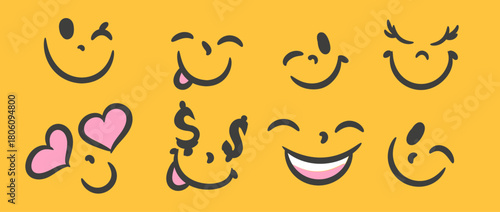 Playful hand drawn smile icons with hearts and expressive faces on a bright yellow background. Perfect for stickers, kids designs, branding and fun creative projects