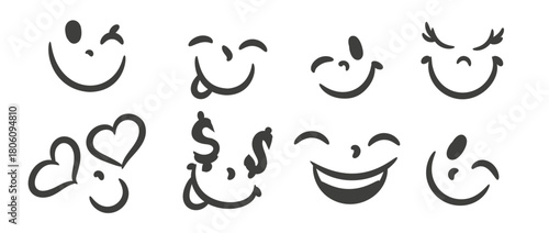 Vector set of hand drawn smile icons in brush style. Cute emotional faces, doodle expressions, playful minimal line art for stickers, design, prints and decoration
