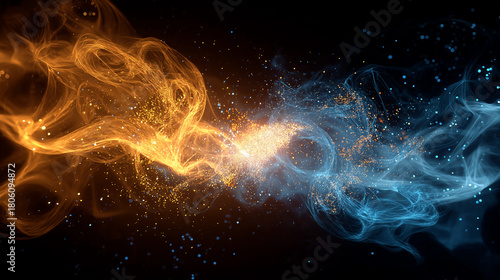 Opposing streams of gold and blue energy colliding dynamic abstract background illustration energy concepts, spiritual themes, powerful visuals.