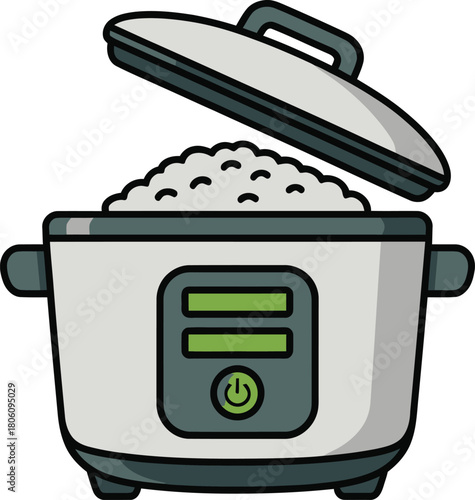 Cartoon Rice Cooker Filled with Cooked Rice and Lid Resting on Top Displayed