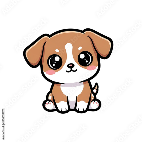 Adorable cartoon illustration of a cute brown and white puppy sitting down. This sweet little dog character has big, sparkling eyes and is designed in a simple, friendly kawaii style