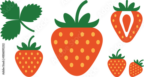 Cartoon Strawberries and Strawberry Leaf on White Background Whimsical Fruit Illustration Design