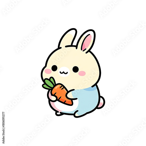 Cute kawaii cartoon bunny rabbit holding a fresh carrot, adorable illustration for children's books and design projects