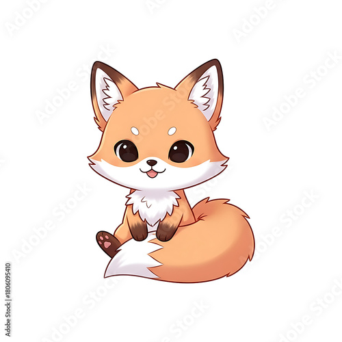 Adorable cartoon fox illustration with big eyes and a fluffy tail, sitting cutely, perfect for children's designs, whimsical themes, and charming graphic elements