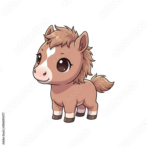 Adorable brown baby horse illustration in a cute chibi style. A charming little pony character with big eyes, isolated on a white background for children's design
