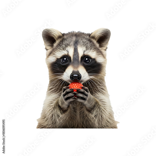 Cute Raccoon Enjoying a Strawberry Snack on White Background