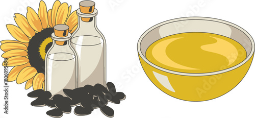 Cartoon Sunflower Oil Bottles with Seeds Beside a Bowl of Oil, Illustration