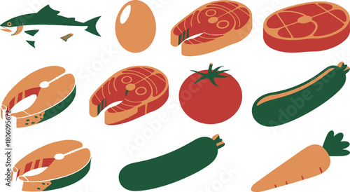 Cartoonish Illustration of Fish, Meat, Egg, Tomato, Zucchini and Carrot Isolated on White Background