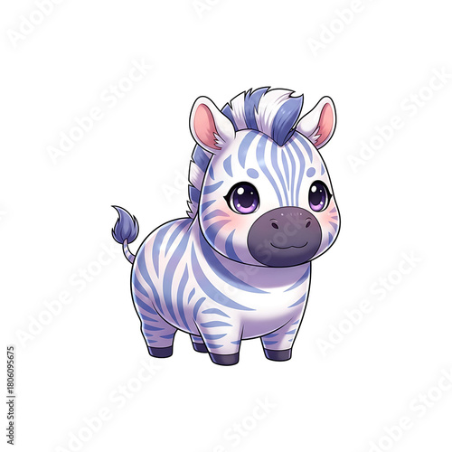 Adorable cartoon baby zebra illustration with blue and white stripes, featuring large, expressive eyes and a playful demeanor