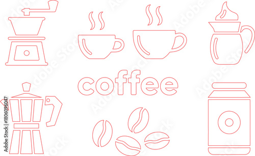 Coffee Grinder, Espresso Maker, Beans, Two Steaming Cups, Creamer, and Jar Red Outlines on White