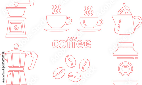 Coffee Outline Illustration Featuring Grinder, Espresso Maker, Steaming Cups, and Beans on White Background