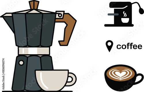 Coffee Preparation Icons Moka Pot with Cup, Machine, Latte Art, and Location Pin Symbol