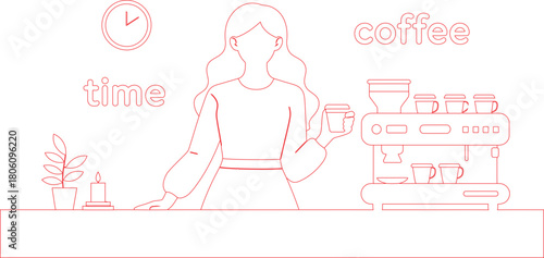Coffee Time Line Art Woman Holding Cup Beside Espresso Machine, Clock, Plant, Candle