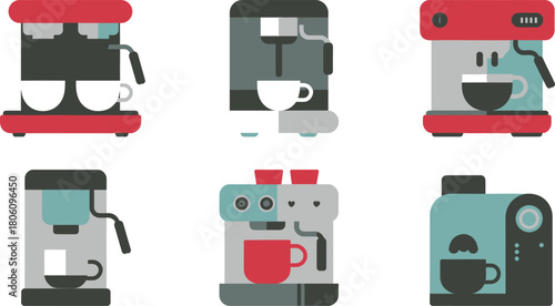 Colorful Flat Design Espresso Machines with Cups Illustration, Graphics Coffee Maker Assortment