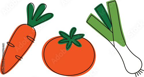 Colorful Still Life Illustration Cartoon Carrot, Round Tomato, and Leek Isolated on White Background