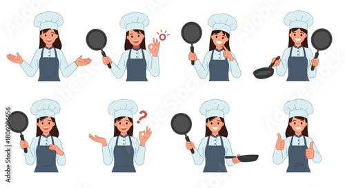 A cheerful female chef in a white toque and apron demonstrates various poses, holding a frying pan, expressing readiness and expertise in cooking.