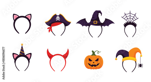 A fun collection of cartoon Halloween costume headbands, featuring various spooky and cute designs, accompanied by a carved pumpkin.