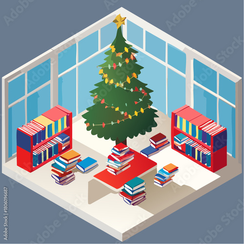 Cozy Christmas library scene with a decorated tree, bookshelves filled with books, and a central table