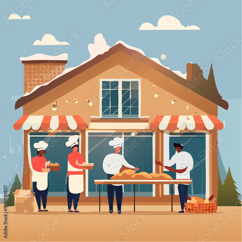 Bakers at Work A Vector Illustration of a Cozy Bakery in a Winter Scene with Delicious Bread