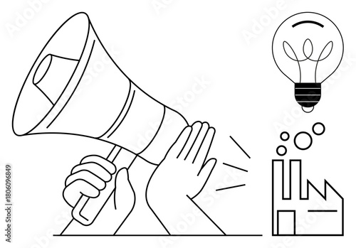 Hand holding a megaphone, hand shielding sound, light bulb symbolizing ideas, and industrial gears. Ideal for innovation, communication, environmental awareness, marketing, teamwork energy economic