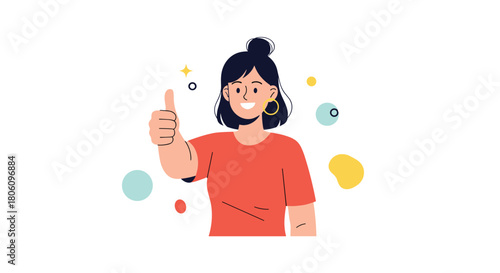 A cheerful woman smiles and gives a thumbs-up gesture, surrounded by colorful abstract shapes, symbolizing approval, success, and positivity.