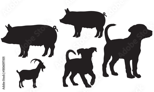 Farm animal silhouettes including pigs dogs and goat silhouette