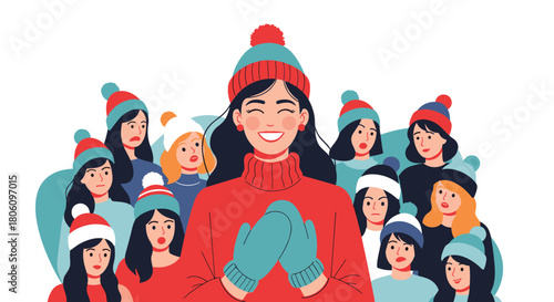 A diverse group of women in colorful winter hats and sweaters express various emotions, with one cheerfully smiling woman at the center.