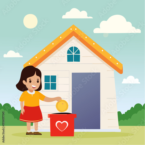 Charitable Giving Girl Donating Coin to Heart-Shaped Box Near a House