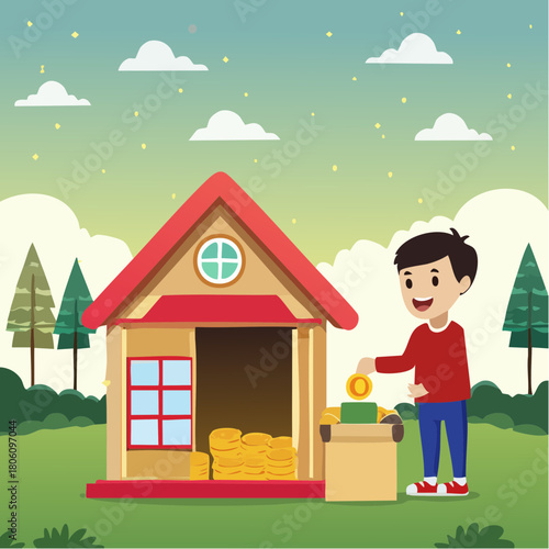 A young boy joyfully contributes coins to a house-shaped donation box, embodying financial literacy, charitable giving, and the importance of saving money from a young age